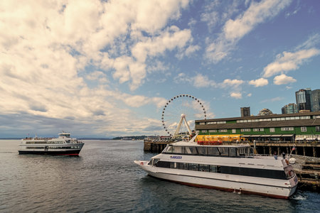 Seattle, Washington, USA - July 26, 2024: Salish explorer passenger cruise ship ferry. Ship voyage. Cruise summer vacation. Cruise ship tour. Travel at sea. Ship in port. Argosy cruises boat tour