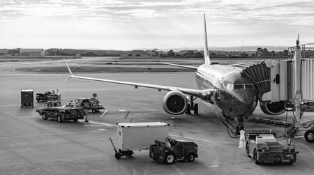 Miami, Florida, USA - August 06, 2025: Boeing 737 MAX. Airplane terminal for airline. Southwest airline plane departure airport. Airport terminal. Departure and arrival at airport. Southwest Airlines