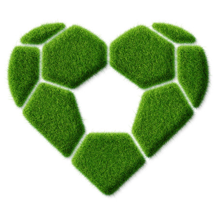 Green love heart icon graphic with pattern of classic soccer ball wrapped in grass look like on the sports pitch lawnの写真素材