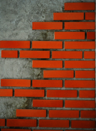 The cement wall is partially covered by bricks. Hence there are some part which you can cement wall quite clear. It looks strange design for home decoration.の写真素材