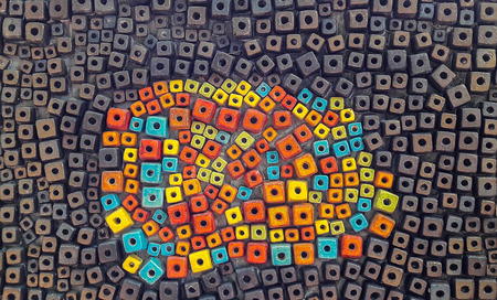Wall was created from used cubic ceramics by applying dark color is contour and variety colors is...