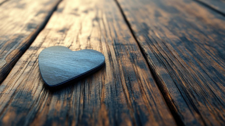 Dark blue heart shaped object rests on a dark brown wooden surface. Warm lighting highlights the wood grain textureの素材