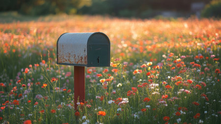 Rustic mailbox stands in a vibrant field of orange, red, and white wildflowers, bathed in the warm glow of sunset light.の素材