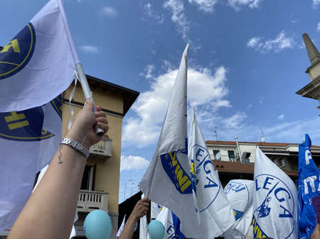 Cologno Monzese, Milan, Italy, September 6, 2020: Matteo Salvini at the electoral tour in Cologno Monzese (Milan) with the the Mayor Angelo Rocchiのeditorial素材