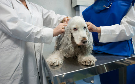 Medical examination of a frightened dog at the animal hospital.の写真素材