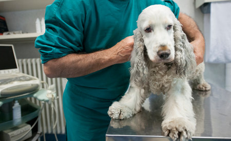Medical examination of a frightened dog at the animal hospital.の写真素材