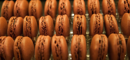 French macarons biscuits of different colors made with egg, almond flour, brown sugar, powdered sugarの写真素材