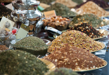 Various oriental spices on sale in market stand.の写真素材