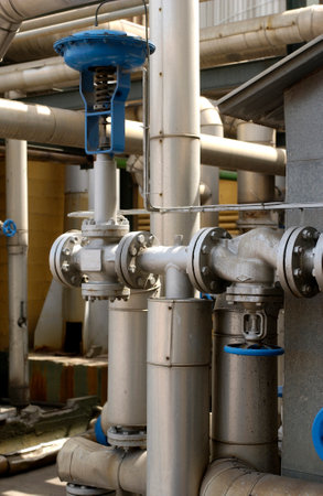 Details of pipes and gate velves of an oil plant in Genoa, Italy