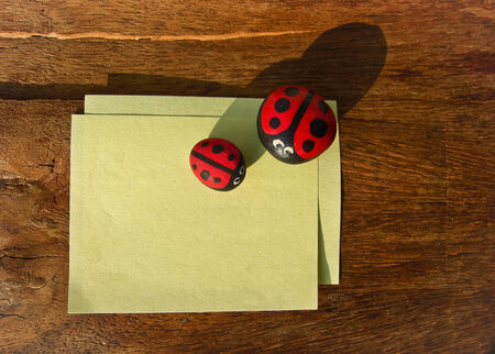 ladybird and paper on old wooden tableの写真素材