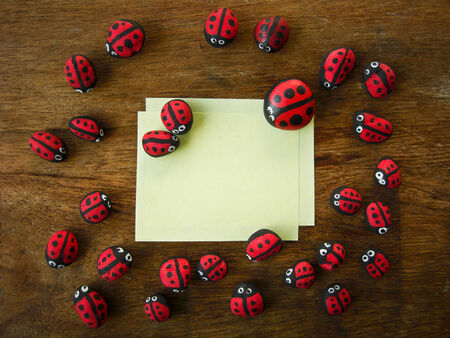 ladybird and paper on old wooden backgroundの写真素材