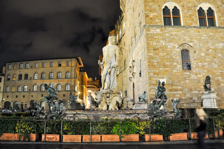 Fountain of Neptune on Piazza della Signoria at night on November 11,2010 in Florence,Italy  The Fountain of Neptune is a fountain in Florence, Italy, next to the Palazzo Vecchio のeditorial素材