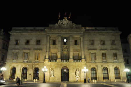 BARCELONA-AUGUST 13  Saint James s Square The PlaÃ§a de Sant Jaume  and Palace of the Generalitat at night on August 13,2009 in Barcelona  Saint James s Square is a square at the Old City of Barcelona のeditorial素材