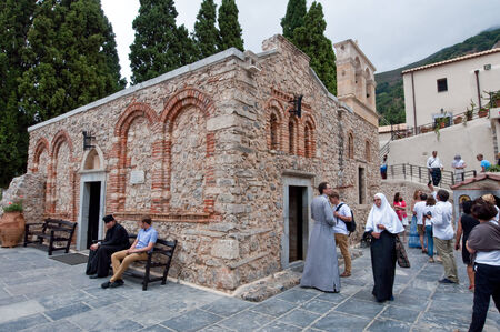 CRETE-JULY 20  Pilgrims in the Monastery of Kera Kardiotissa on the island of Crete on July 20,2014 in Greece のeditorial素材