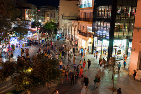 CRETE,HERAKLION-JULY 24: Eleftheriou Venizelou Square or Lions Square at night on July 24,2014 in Heraklion on the Crete island, Greece.のeditorial素材