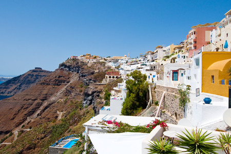 SANTORINI,FIRA-JULY 28: Fira landscape on the edge of caldera on July 28,2014 in Fira town on Santorini, Greece. Fira is the modern capital of the Greek Aegean island, Santorini.のeditorial素材