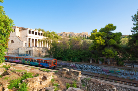 ATHENS-AUGUST 22: Acropolis of Athens and Athenian subway on August 22, 2014 in Athens, Greece.のeditorial素材