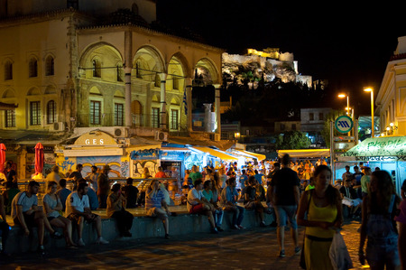 ATHENS-AUGUST 22: Nightlife on Monastiraki Square on August 22, 2014 in Athens, Greece.のeditorial素材