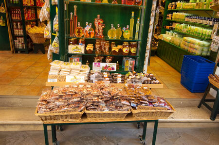 CORFU-AUGUST 22: Traditional Greek goods displayed for sale on Corfu island on August 22, 2014 in Kerkyra, Greece.のeditorial素材