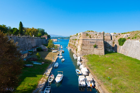 The channel separates the Old Fortress from the island of Corfu. Greece.のeditorial素材