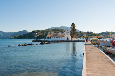 CORFU-AUGUST 22: Chalikiopoulou Lagoon with Vlacheraina monastery on August 22,2014 on the island of Corfu in Greece.のeditorial素材