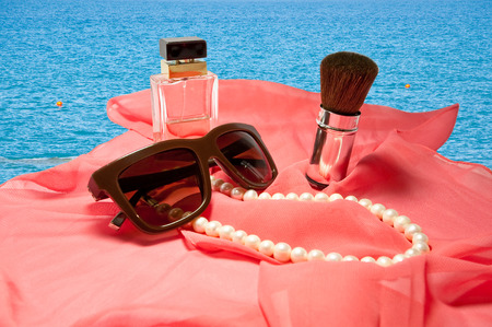 Women accessories isolated on sea background.の写真素材