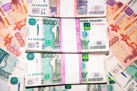 Close up Russian multi-ruble banknotes.
