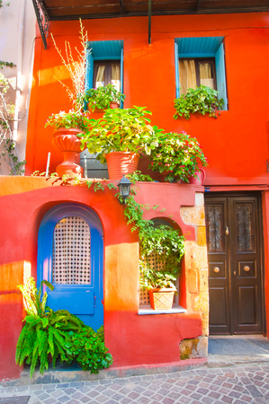 Typical colorful Chania building in down town near the old harbour during the midday, Crete island, Greece.のeditorial素材