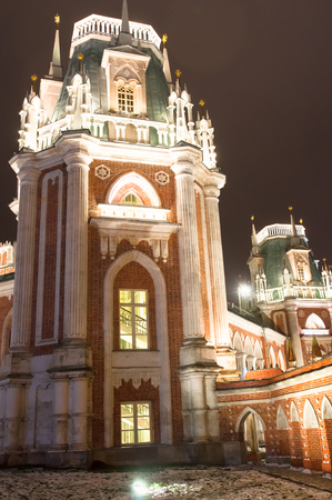Moscow,Russia-January 06: Detail of the grand palace in Tsaritsyno museum and park reserve on January 06,2018.Tsaritsyno museum and reserve in Moscow was founded in 1984.のeditorial素材