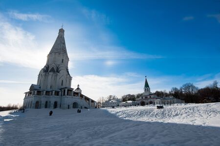 Kolomenskoye with ancient Church of the Ascension on the left and  Church of St. George, 16th century in the distance during the sunny day.のeditorial素材