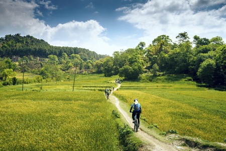 Mountain biking in Nepal.の写真素材