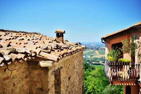 Montefiore Conca, part of medieval tiling roof, (near Rimini Monte Titano and San Marino), Emilia-Romagna, Italy.の写真素材