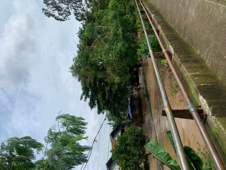 The landscape condition of the area that is being flooded is on the outskirts of the river and the water is overflowing.の写真素材