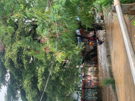 The landscape condition of the area that is being flooded is on the outskirts of the river and the water is overflowing.の写真素材