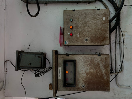 old retro vintage style electric panel. Old electrical control panel on the wall.の写真素材