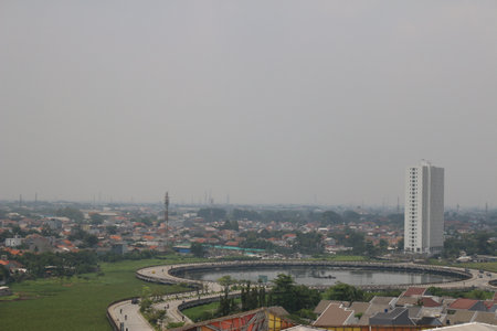 View of tall buildings, seen from the rooftop.の写真素材