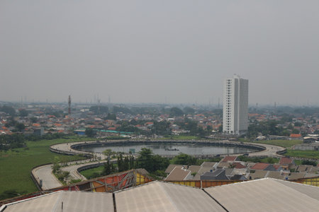View of tall buildings, seen from the rooftop.の写真素材