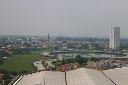 View of tall buildings, seen from the rooftop.の写真素材