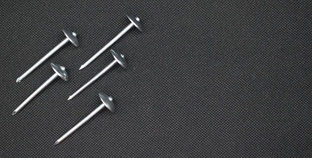 Zinc or asbestos nails. Made of iron with a round head resembling an umbrella. Often called tacks.の写真素材