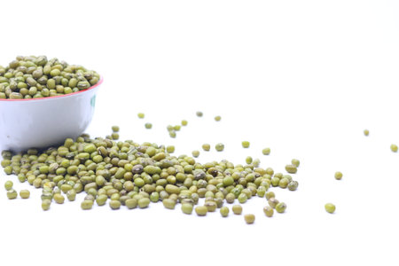 Photo of mung beans and bowl with a white background.の写真素材