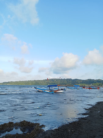 View of fishing boats on the beach during the dayの写真素材