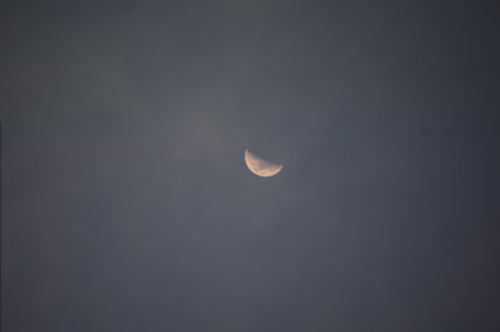 Crescent moon in the middle of a quiet nightの写真素材