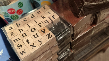 Close up view of wooden block toy with letters for childrenの写真素材