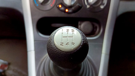 Close up view of black manual car gear shiftの写真素材