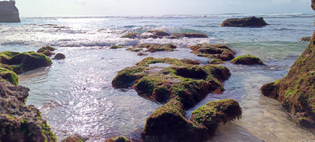 Beautiful view on suluban beach with big rocks in bali indonesiaの写真素材