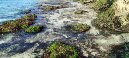 Beautiful view on suluban beach with big rocks in bali indonesiaの写真素材