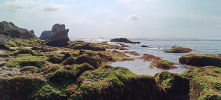Beautiful view on suluban beach with big rocks in bali indonesiaの写真素材