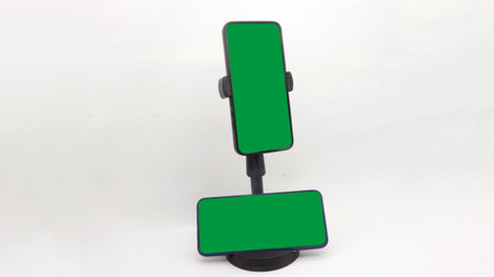 Black stand holder for smart phone with green screen isolated on white backgroundの写真素材