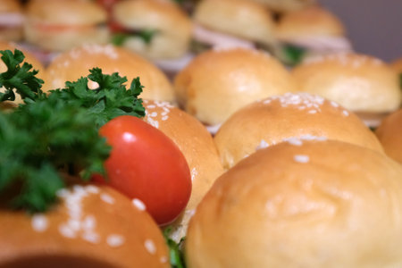 Close up view of small hamburgers ready to eatの写真素材
