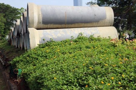 Large concrete pipe with tree on the street of Jakarta city